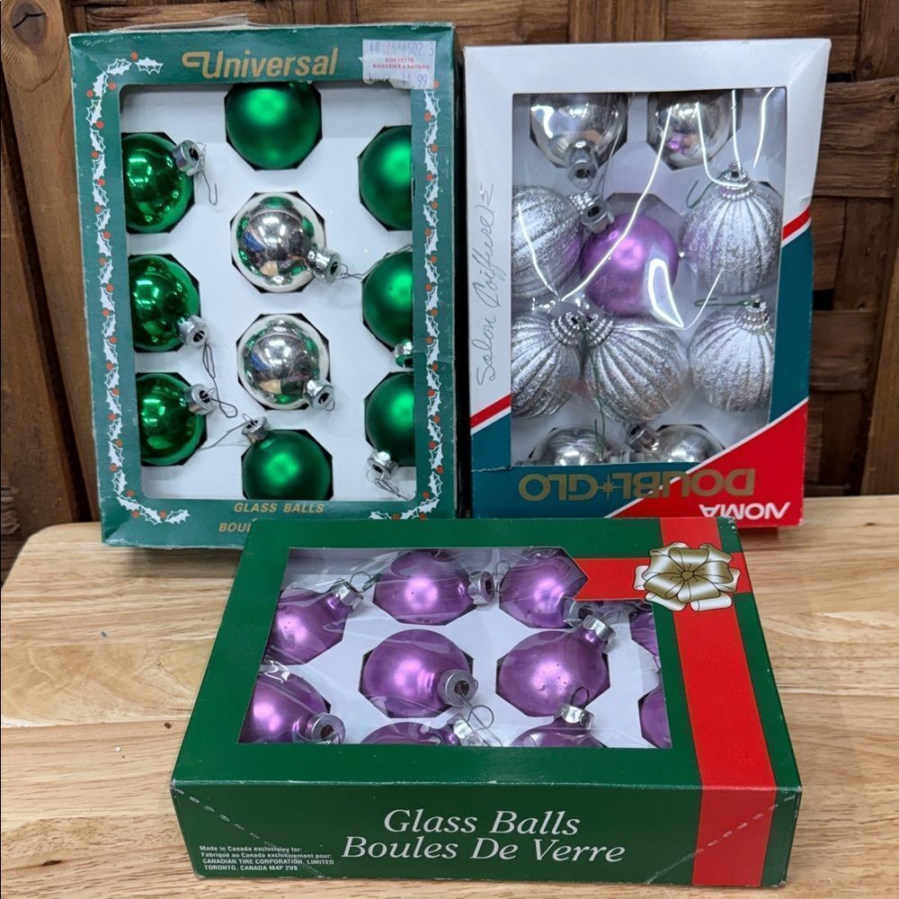 Vintage Christmas Holiday Glass Ball Ornaments - Green, Silver, and Purple